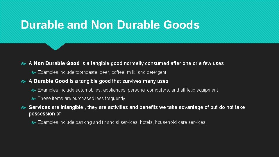 Durable and Non Durable Goods A Non Durable Good is a tangible good normally