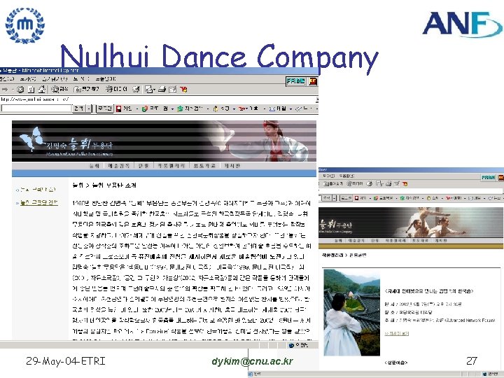 Nulhui Dance Company 29 -May-04 -ETRI dykim@cnu. ac. kr 27 