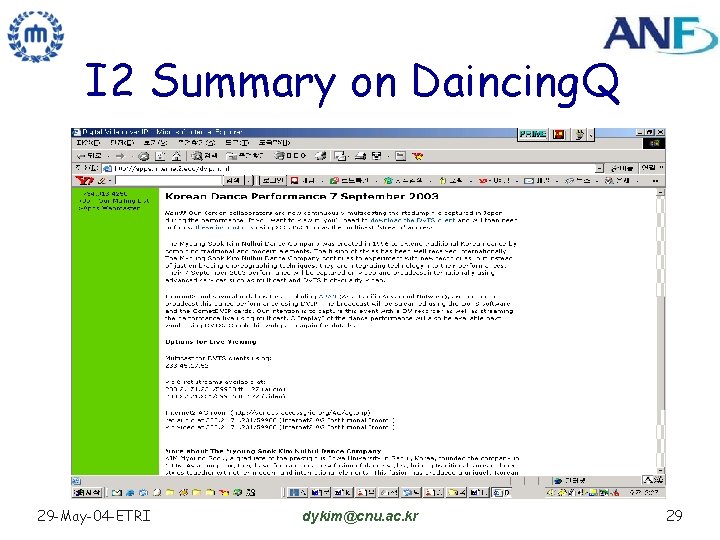 I 2 Summary on Daincing. Q 29 -May-04 -ETRI dykim@cnu. ac. kr 29 