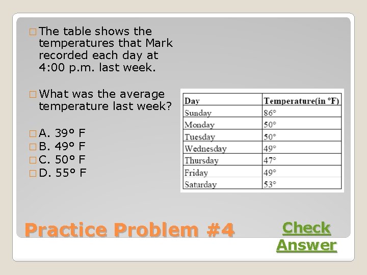 � The table shows the temperatures that Mark recorded each day at 4: 00