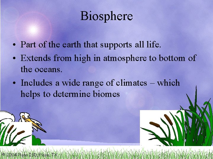 Biosphere • Part of the earth that supports all life. • Extends from high