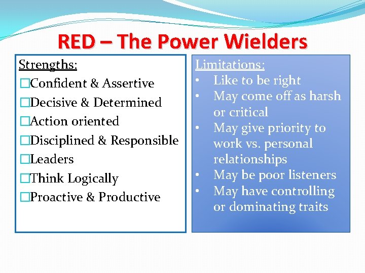 RED – The Power Wielders Strengths: �Confident & Assertive �Decisive & Determined �Action oriented