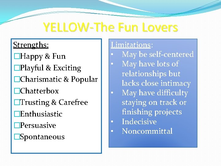 YELLOW-The Fun Lovers Strengths: �Happy & Fun �Playful & Exciting �Charismatic & Popular �Chatterbox