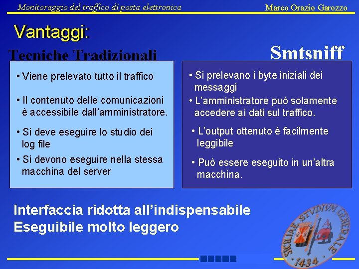 Monitoraggio del traffico di posta elettronica Marco Orazio Garozzo Vantaggi: Smtsniff Tecniche Tradizionali •