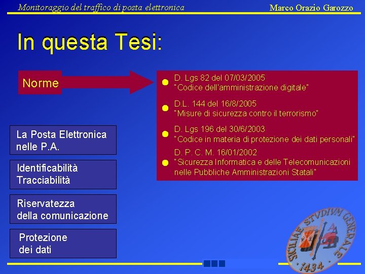 Monitoraggio del traffico di posta elettronica Marco Orazio Garozzo In questa Tesi: Norme D.