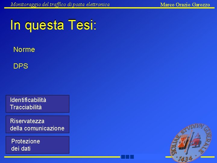 Monitoraggio del traffico di posta elettronica In questa Tesi: Norme DPS Identificabilità Tracciabilità Riservatezza