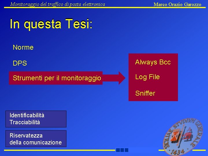 Monitoraggio del traffico di posta elettronica Marco Orazio Garozzo In questa Tesi: Norme DPS