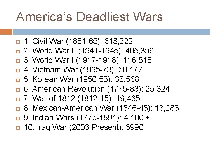 America’s Deadliest Wars 1. Civil War (1861 -65): 618, 222 2. World War II