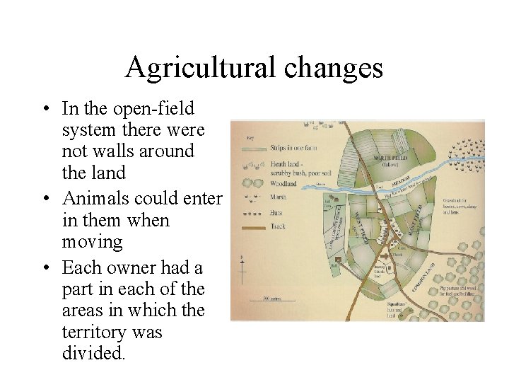 Agricultural changes • In the open-field system there were not walls around the land