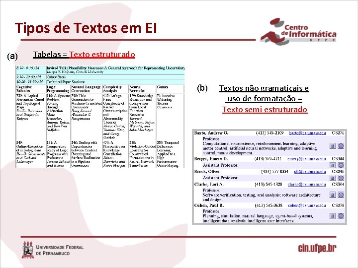 Tipos de Textos em EI (a) Tabelas = Texto estruturado (b) Textos não gramaticais