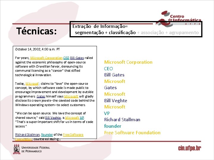 Técnicas: Extração de Informação= segmentação + classificação + associação + agrupamento October 14, 2002,