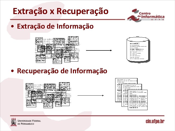 Extração x Recuperação • Extração de Informação • Recuperação de Informação 