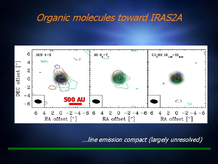 Organic molecules toward IRAS 2 A 500 AU . . . line emission compact