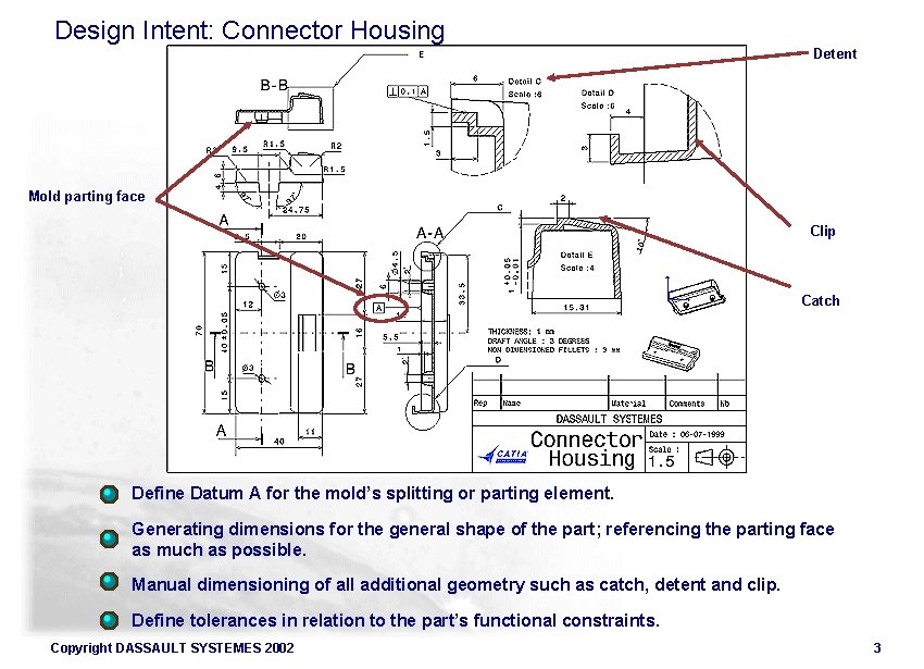 Design Intent: Connector Housing Detent Mold parting face Clip Catch Define Datum A for