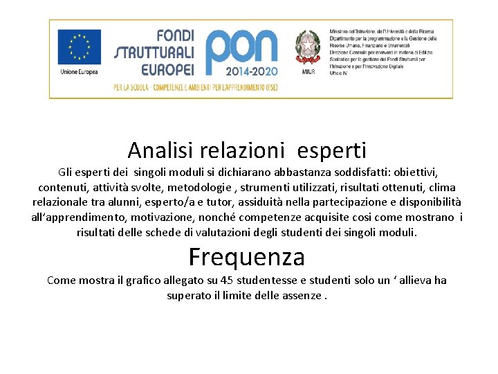 Analisi relazioni esperti Gli esperti dei singoli moduli si dichiarano abbastanza soddisfatti: obiettivi, contenuti,