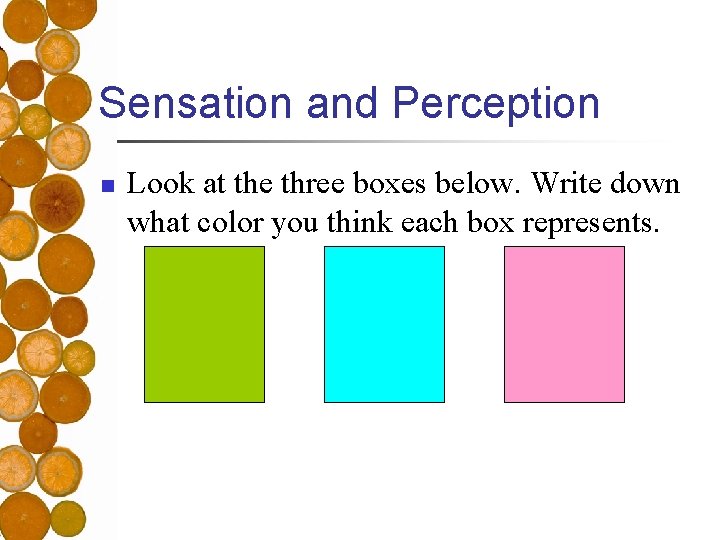 Sensation and Perception n Look at the three boxes below. Write down what color