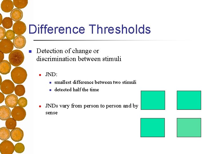 Difference Thresholds n Detection of change or discrimination between stimuli n JND: n n