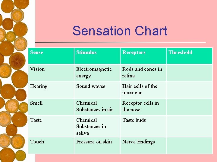 Sensation Chart Sense Stimulus Receptors Vision Electromagnetic energy Rods and cones in retina Hearing