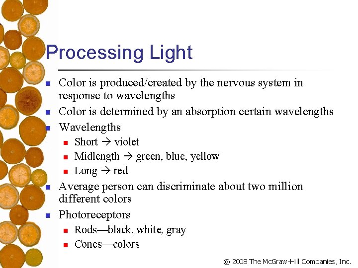Processing Light n n n Color is produced/created by the nervous system in response