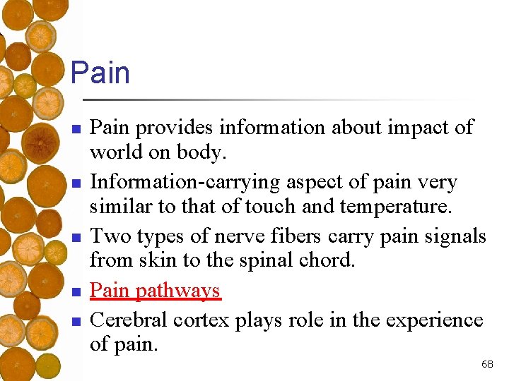 Pain n n Pain provides information about impact of world on body. Information-carrying aspect