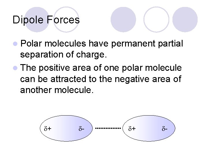 Dipole Forces l Polar molecules have permanent partial separation of charge. l The positive