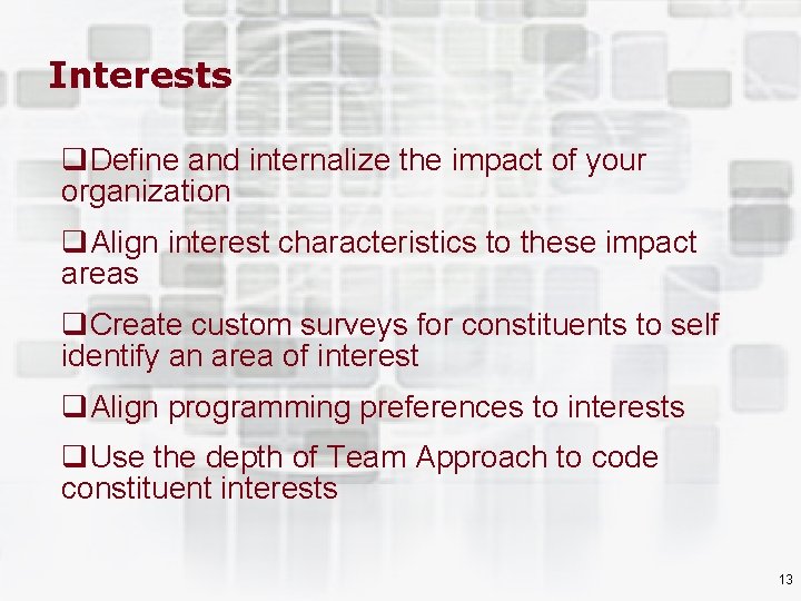 Interests q. Define and internalize the impact of your organization q. Align interest characteristics