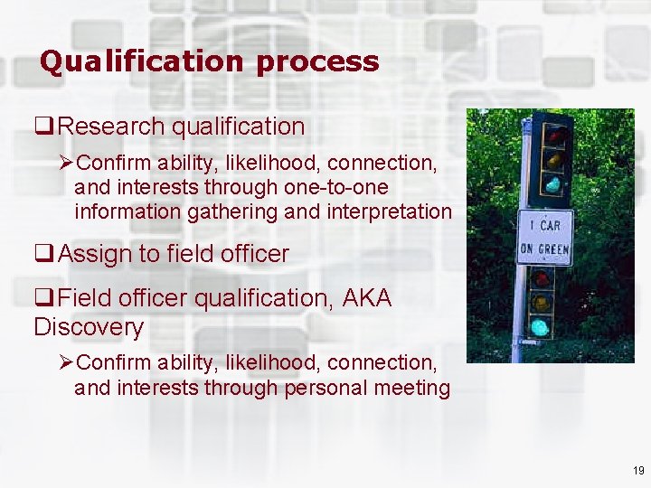 Qualification process q. Research qualification ØConfirm ability, likelihood, connection, and interests through one-to-one information