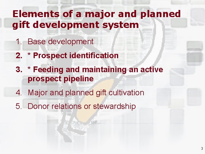 Elements of a major and planned gift development system 1. Base development 2. *