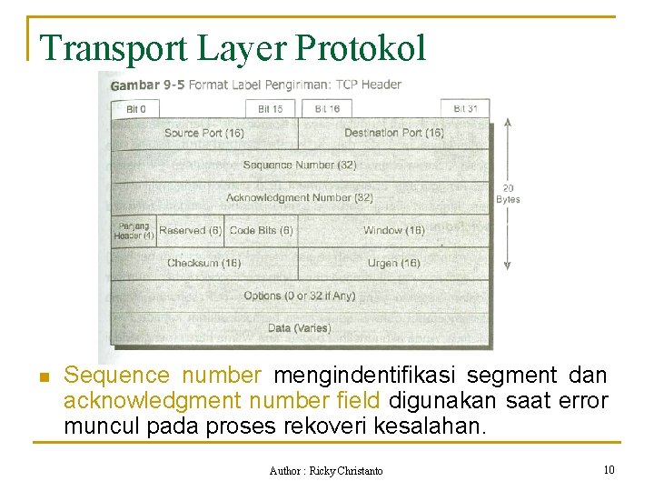 Transport Layer Protokol n Sequence number mengindentifikasi segment dan acknowledgment number field digunakan saat
