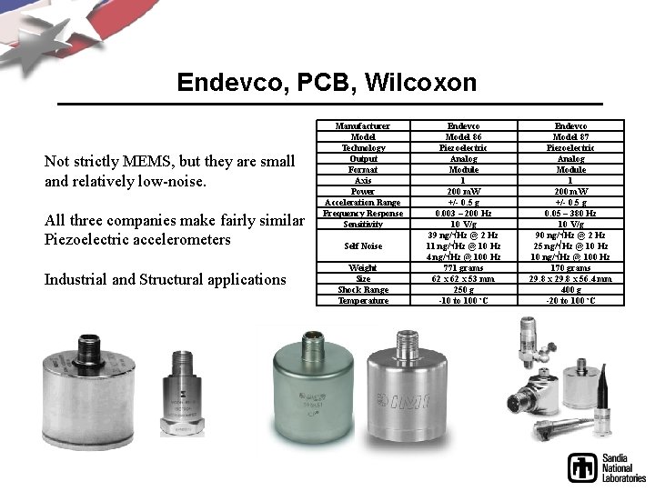Endevco, PCB, Wilcoxon Not strictly MEMS, but they are small and relatively low-noise. All