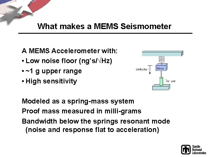 What makes a MEMS Seismometer A MEMS Accelerometer with: • Low noise floor (ng’s/√Hz)