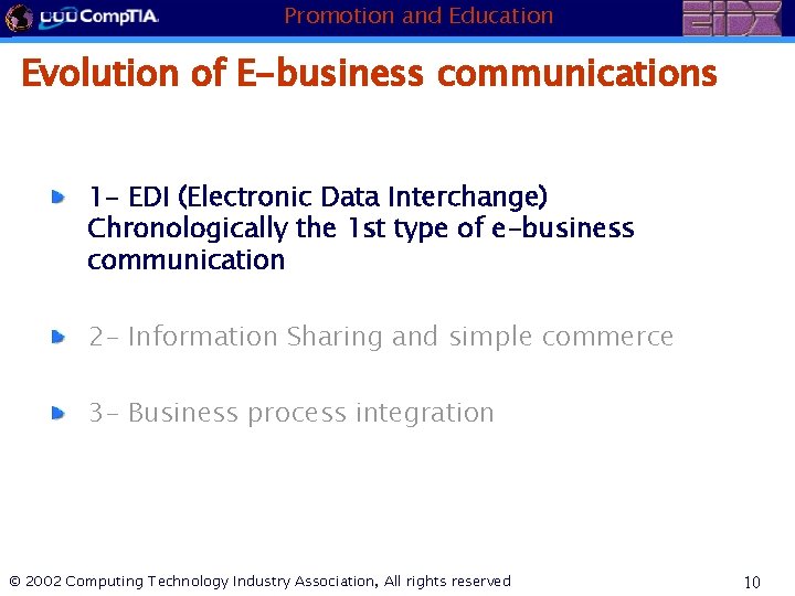 Promotion and Education Evolution of E-business communications 1 - EDI (Electronic Data Interchange) Chronologically