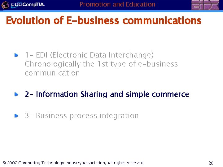 Promotion and Education Evolution of E-business communications 1 - EDI (Electronic Data Interchange) Chronologically