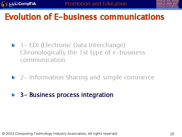 Promotion and Education Evolution of E-business communications 1 - EDI (Electronic Data Interchange) Chronologically