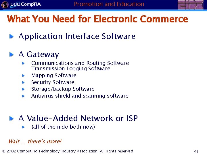 Promotion and Education What You Need for Electronic Commerce Application Interface Software A Gateway