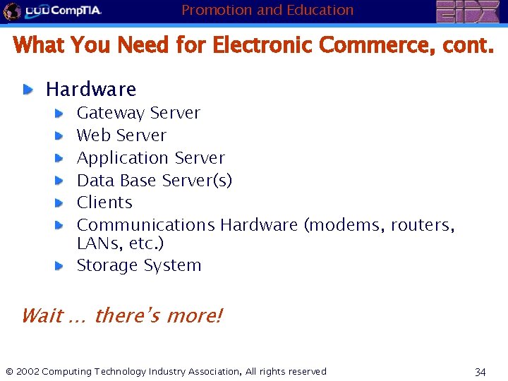 Promotion and Education What You Need for Electronic Commerce, cont. Hardware Gateway Server Web