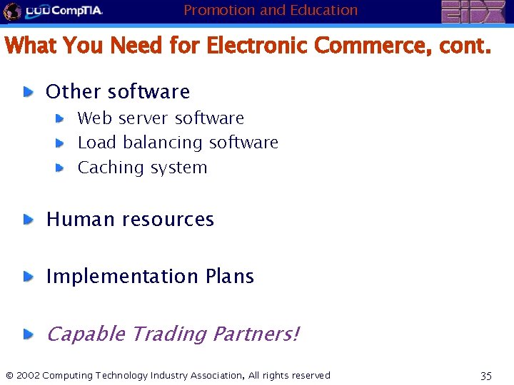 Promotion and Education What You Need for Electronic Commerce, cont. Other software Web server