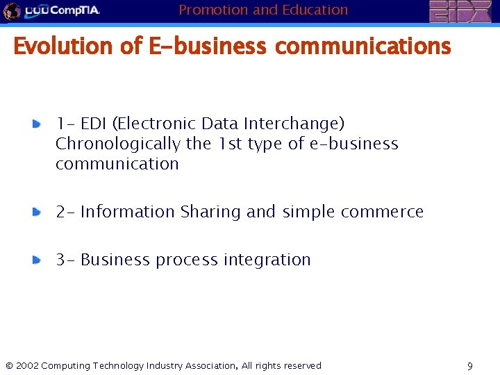 Promotion and Education Evolution of E-business communications 1 - EDI (Electronic Data Interchange) Chronologically