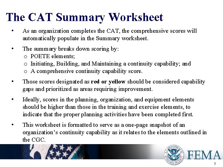 The CAT Summary Worksheet • As an organization completes the CAT, the comprehensive scores