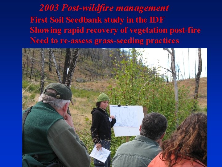 2003 Post-wildfire management First Soil Seedbank study in the IDF Showing rapid recovery of