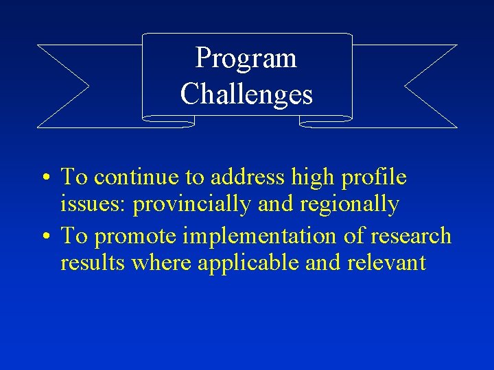 Program Challenges • To continue to address high profile issues: provincially and regionally •