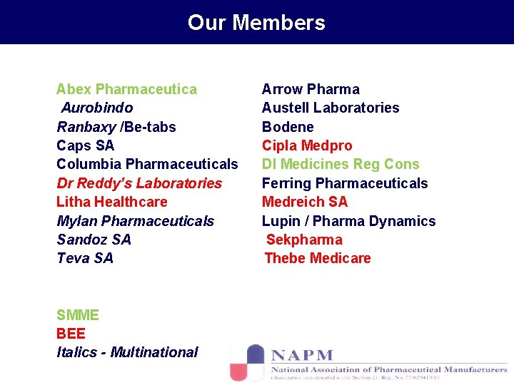 Our Members Abex Pharmaceutica Aurobindo Ranbaxy /Be-tabs Caps SA Columbia Pharmaceuticals Dr Reddy’s Laboratories