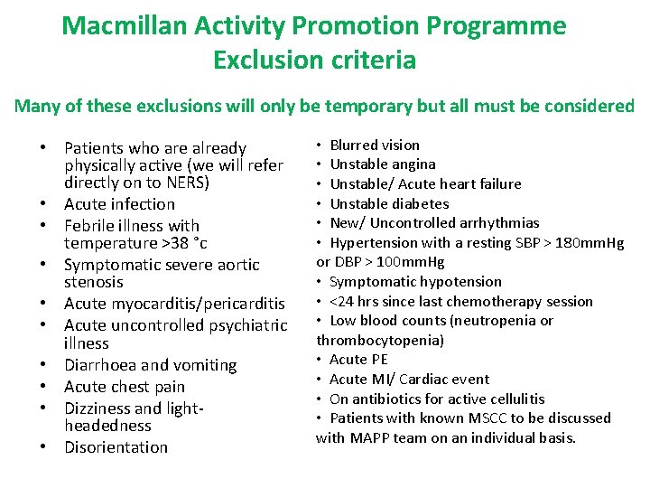 Macmillan Activity Promotion Programme Exclusion criteria Many of these exclusions will only be temporary