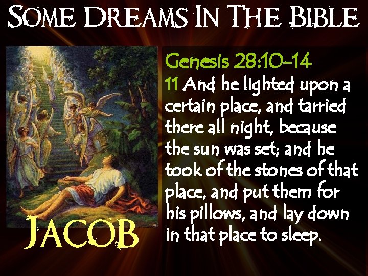 Some Dreams In The Bible Genesis 28: 10 -14 Jacob 11 And he lighted