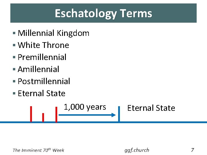 Eschatology Terms § Millennial Kingdom § White Throne § Premillennial § Amillennial § Postmillennial