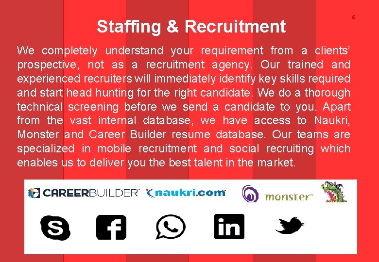 Staffing & Recruitment We completely understand your requirement from a clients’ prospective, not as