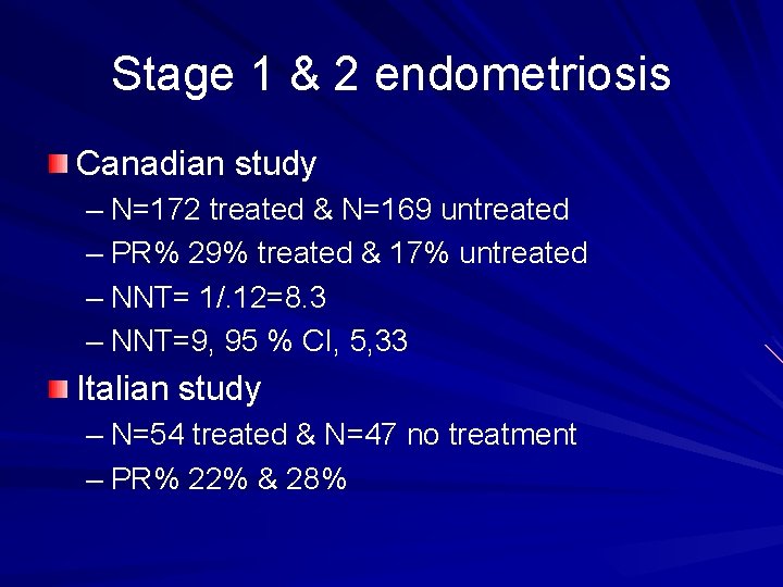 Stage 1 & 2 endometriosis Canadian study – N=172 treated & N=169 untreated –