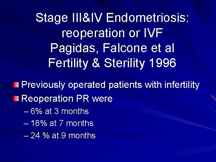 Stage III&IV Endometriosis: reoperation or IVF Pagidas, Falcone et al Fertility & Sterility 1996