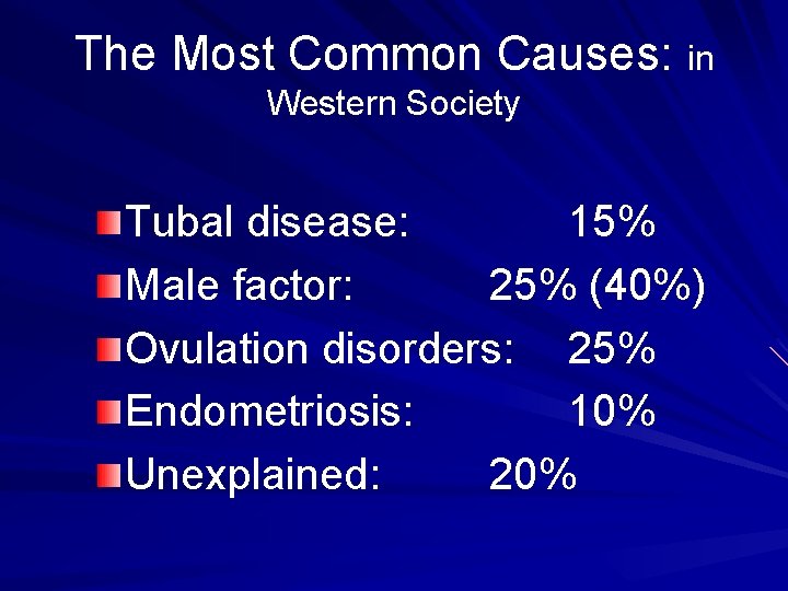 The Most Common Causes: in Western Society Tubal disease: 15% Male factor: 25% (40%)