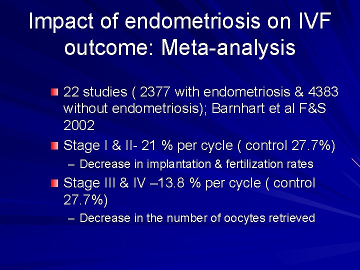 Impact of endometriosis on IVF outcome: Meta-analysis 22 studies ( 2377 with endometriosis &